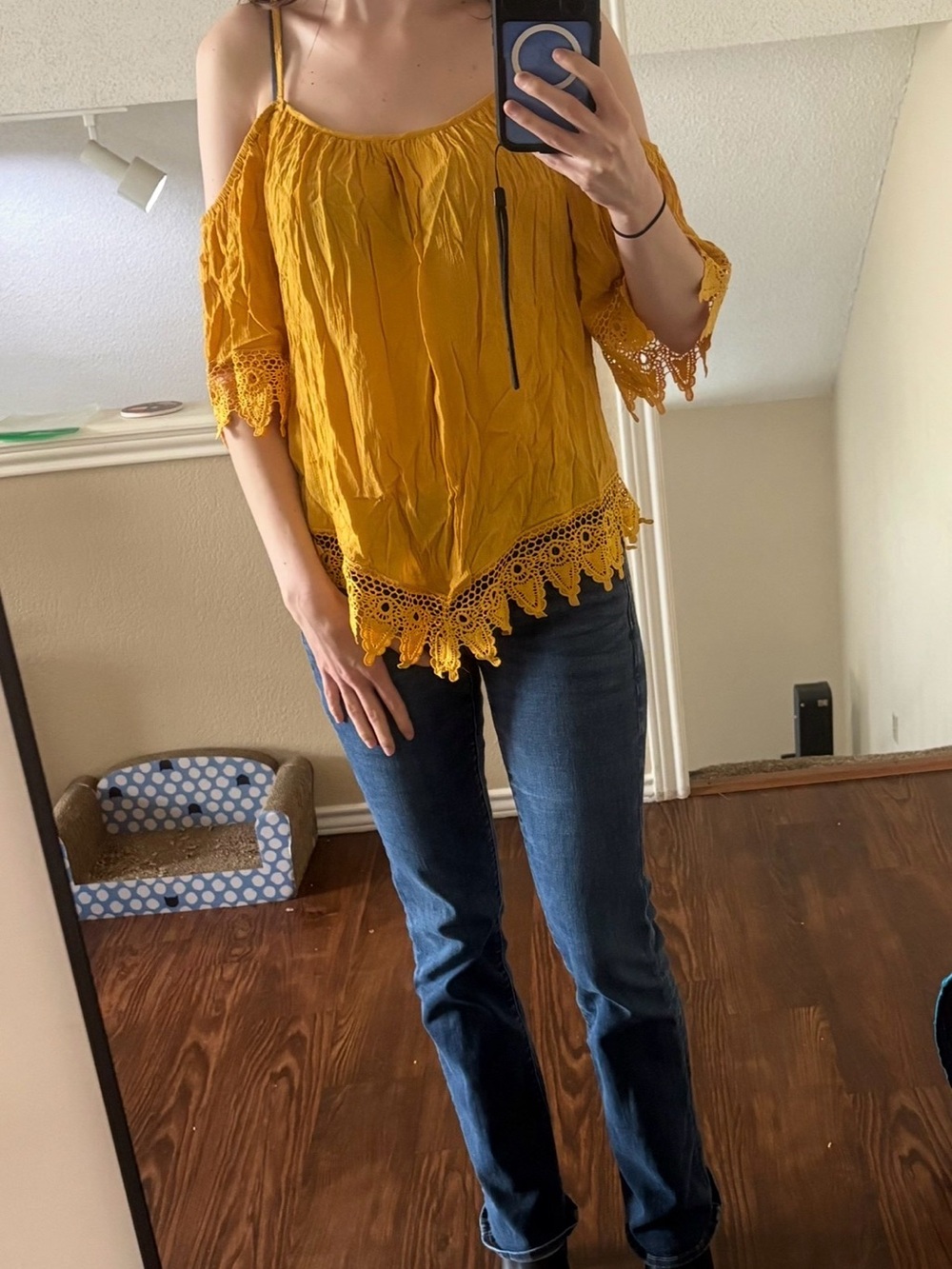 Cold-Shoulder Crochet Hem Camisole in Mustard Yellow
